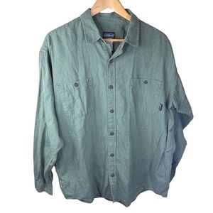 Patagonia Organic Cotton Mens Long Sleeve Green Subtle Striped Button Down Large